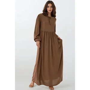 Kadın A-Form Fit ve Bisiklet Yaka Modest Dokulu Elbise Kahverengi