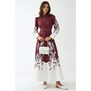 Kadın Baskılı Uzun Kol Kemerli Modest Elbise Bordo Kırmızı