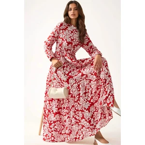 Kadın Gömlek Yaka Desenli Viskon Modest Elbise Red