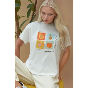 Kadın Baskı Detaylı Regular Fit Bisiklet Yakalı %100 Pamuklu T-shirt Çok Renkli
