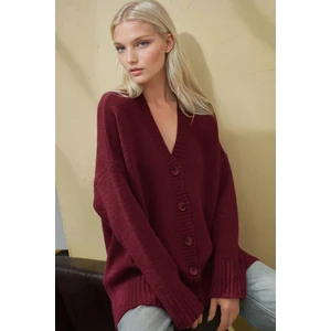 Kadın Kalın V-Yaka Örgü Hırka Bordo Kırmızı