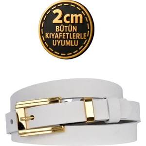 %100 Hakiki Deri Gold Renk Takım Köprülü Beyaz Kadın Kemeri 2cm Bütün Kıyafetlere Uyar_byk-Gold