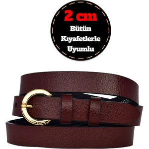 %100 Hakiki Deri, Gold Renk Tokalı Ince 2 cm Bordo Kadın Kemeri; Elbise, Pantolon Kemeri_kilit