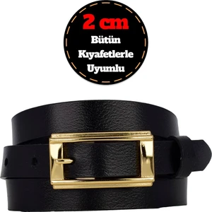 %100 Hakiki Deri Gold Renk Dikdörtgen Tokalı Siyah Kadın Kemeri 2cm Bütün Kıyafetlere Uyar_yeni.dik