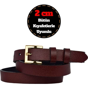 %100 Hakiki Deri, Gold Renk Tokalı Ince 2 cm Bordo Kadın Kemeri; Elbise, Pantolon Kemeri_kare