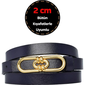 %100 Hakiki Deri, Gold Renk Tokalı Ince 2 cm Lacivert Kadın Elbise, Pantolon Kemeri; Uzun.zincir