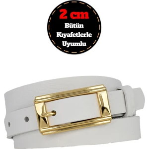 %100 Hakiki Deri Gold Renk Dikdörtgen Tokalı Beyaz Kadın Kemeri 2cm Bütün Kıyafetlere Uyar_yeni.dik