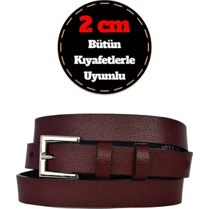 %100 Hakiki Deri, Gümüş Tokalı Ince 2 cm Bordo Kadın Kemeri; Elbise Kemeri, Pantolon Kemeri_kare