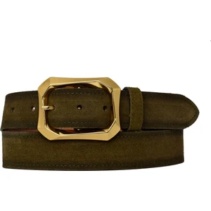 %100 Hakiki Deri, Gold Tokalı 4 cm Süet Askeri Yeşil Kadın Kemeri; Kot, Spor Kemer=süet.08.ask.yeşil