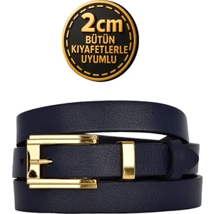%100 Hakiki Deri Gold Renk Takım Köprülü Lacivert Kadın Kemeri 2cm Bütün Kıyafetlere Uyar_byk-Gold