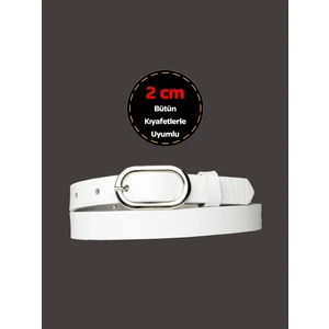 %100 Hakiki Deri, Gümüş Tokalı Ince 2 cm Süt Beyaz Kadın Kemeri; Elbise Kemeri, Pantolon Kemeri_oval