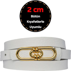 %100 Hakiki Deri, Gold Renk Tokalı Ince 2 cm Beyaz Kadın Elbise, Pantolon Kemeri; Uzun.zincir