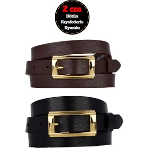 %100 Hakiki Deri 2'li Set Gold Renk Tokalı 2 cm Kadın Kemeri Siyah, Koyu Kahve Herşeye Uyar _y.dik