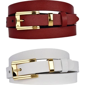 %100 Hakiki Deri 2'li Set Gold Renk Takım Tokalı 2cm Kadın Kemeri Kırmızı, Beyaz _ Büyük_gold