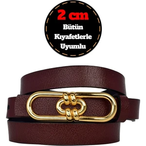 %100 Hakiki Deri, Gold Renk Tokalı Ince 2 cm Bordo Kadın Elbise, Pantolon Kemeri; Uzun.zincir