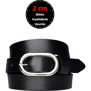 %100 Hakiki Deri, Gümüş Tokalı Ince 2 cm Siyah Kadın Kemeri; Elbise Kemeri, Pantolon KEMERI_2CMOVAL