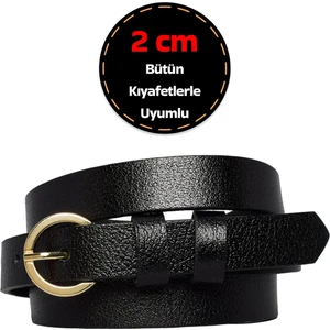 %100 Hakiki Deri, Gold Renk Tokalı Ince 2 cm Siyah Kadın Kemeri; Elbise, Pantolon Kemeri_kilit