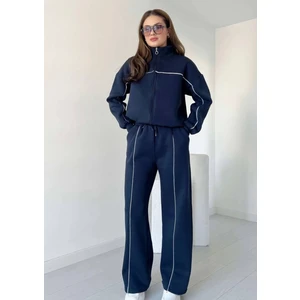 Biyeli Geniş Paça  3 Iplik Şardonlu Oversize Fermuarlı Eşofman Takım