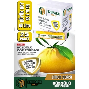 60 Lt ( 25 Paket ) Avantaj Paket Büyük Boy Limon Kokulu Büzgülü Çöp Poşeti Çöp Torbası 250 Adet