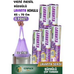 60 Lt ( 5 Paket ) Avantaj Paket Büyük Boy Lavanta Kokulu Büzgülü Çöp Poşeti Çöp Torbası 50 Adet