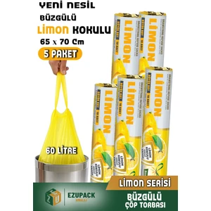 60 Lt ( 5 Paket ) Avantaj Paket Büyük Boy Limon Kokulu Büzgülü Çöp Poşeti Çöp Torbası 50 Adet