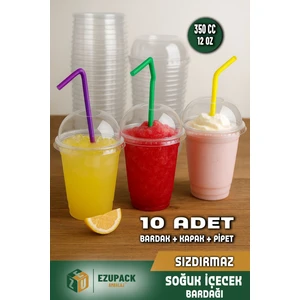 350 cc Kapaklı Pipetli Sert Plastik Bardak Pet Bardak Limonata Soğuk Içecek Milkshake Bardağı