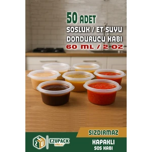 50 Adet Sızdırmaz 60 ml Mini Saklama Kabı Sosluk Buzluk Kabı, Et Suyu, Kemik Suyu, Sos Kabı Mutfak