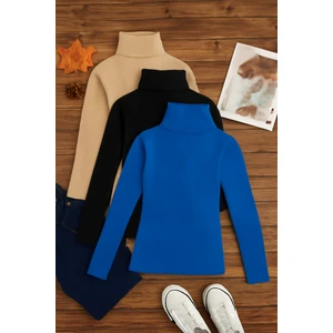 3'lü Paket Kadın Basic Tam Balıkçı Yaka Kazak