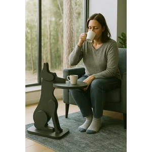 Tepsi Tutan Köpek Tasarımlı Ahşap Desenli Yan Sehpa & Fiskos & Zigon
