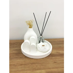 Dekoratif Tepsi Seti – 7 Parça | Beyaz Modern Obje, Vazo, Mum ve Koku Şişesi