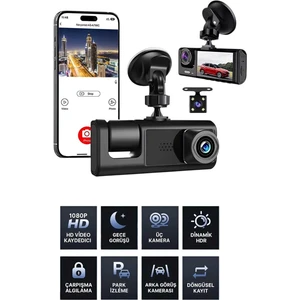 1080P Wifi Full Hd Araç Içi Kamera Arka Ön Iç Kayıt 3 Kamera Gece Görüşlü Gsensör Geniş Açı