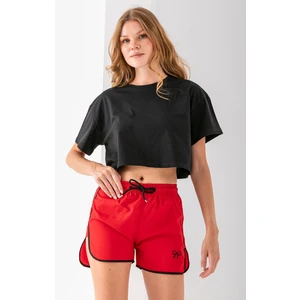 Kadın Beli Ayarlanabilir Kurdele Nakışlı Deniz Şortu Kırmızı - 25Y 5402