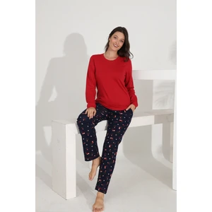 %100 Pamuk Uzun Kol Manşetli Cepli Kadın Pijama Takımı 98515-516
