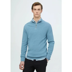 Mavi Yarım Balıkçı Yaka Jakarlı Triko Kazak