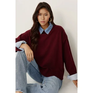 Kadın Bisiklet Yaka Relax Fit Yumuşak Triko Kazak Bordo Kırmızı