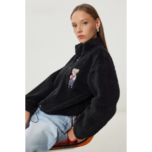 Ayıcık Işlemeli Fermuarlı Peluş Sweatshirt LZH0014 Siyah