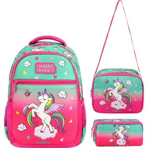 Lisanslı Fuşya Unicorn Desenli İlkokul Çantası Beslenme Çantası ve Kalemlik