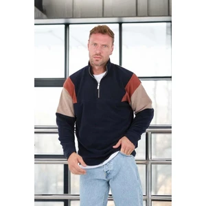 Oversize Erkek Kolları Garnili Selanik Örme Erkek Sweatshirt - Lacivert