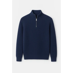 Oversize Selanik Örgü Yarım Fermuar Erkek Triko Kazak - Indigo