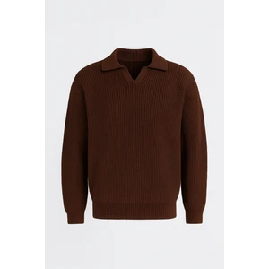 Oversize Gömlek Polo Yaka Selanik Örgülü Erkek Triko Kazak - Kahve