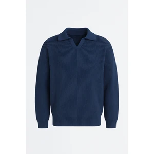 Oversize Gömlek Polo Yaka Selanik Örgülü Erkek Triko Kazak - İndigo