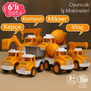 Smartfox Oyuncak Iş Makineleri Çek Bırak 6'lı Set - Kepçe Kamyon Vinç Mikser