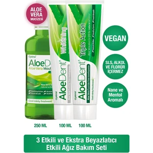Aloe Dent Aloevera Ekstra Diş Macunu 100ML+ALOEVERA 3 Etkili Diş Macunu Florür Sls Içermeyen 100ML+ALKOLSÜZ Florürsüz Ağız Bakım Suyu 250ML