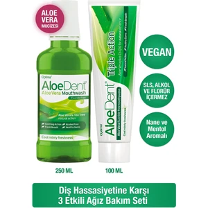 Aloe Dent Florür ve SLS İçermeyen 3 Etkili Aloe Vera Naneli Diş Macunu 100 ml ve Ağız Bakım Suyu 250 ml