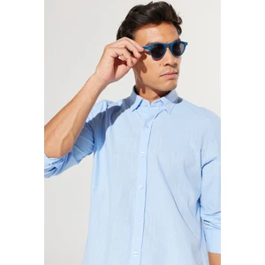 Altınyıldız Classics Erkek Mavi Slim Fit Dar Kesim Düğmeli Yaka Keten Görünümlü %100 Pamuk Flamlı Gömlek