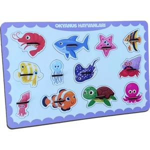 Okyanus Hayvanları Ahşap Puzzle – 12 Parça Kulplu Yuvalı Eğitici Yapboz (29×18 Cm, Okul Öncesi )