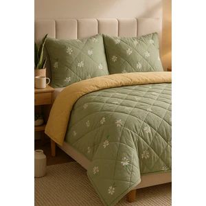 Yeşil Papatya Çift Kişilik Pamuklu Kapitone Pike & Yatak Örtüsü