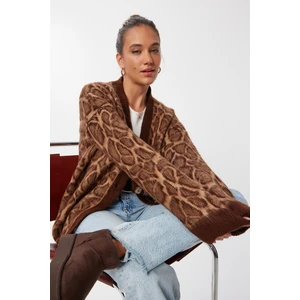Leopar Desenli Yumuşak Oversize Triko Hırka LMU0002 Kahverengi