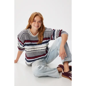 Çizgili Oversize Triko Kazak LAN0052 Lacivert Kemik