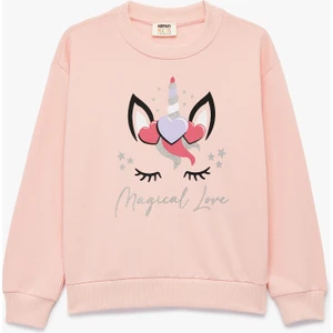 Simli Unicorn Baskılı Şardonlu Uzun Kollu Bisiklet Yaka Sweatshirt